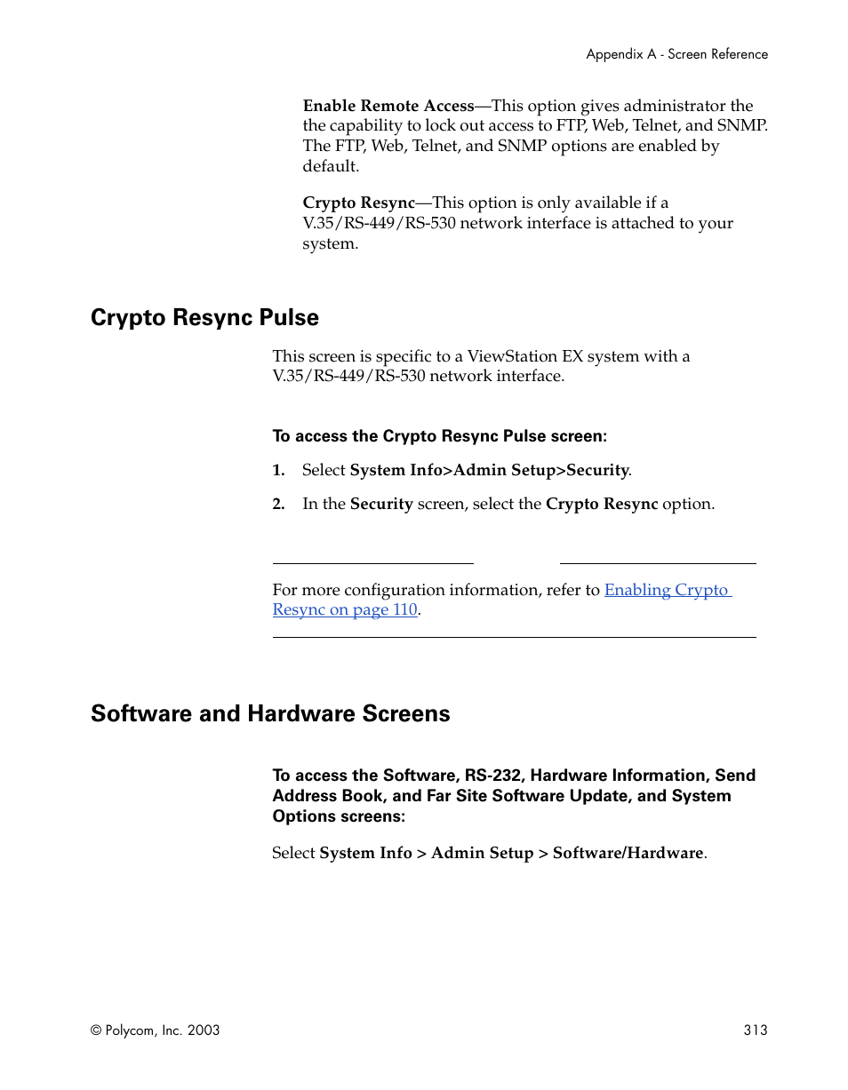 Crypto resync pulse, Software and hardware screens, Crypto resync pulse software and hardware screens | Polycom Webcam User Manual | Page 315 / 356
