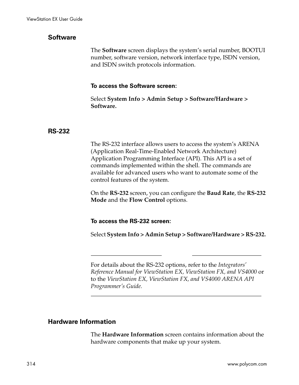 Software, Rs-232, Hardware information | Software rs-232 hardware information | Polycom Webcam User Manual | Page 316 / 356