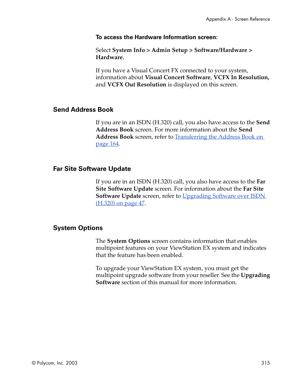 Send address book, Far site software update, System options | Polycom Webcam User Manual | Page 317 / 356