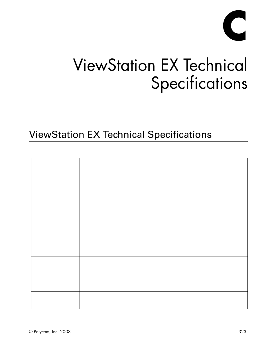 Viewstation ex technical specifications, Table c-1.viewstation ex technical specifications | Polycom Webcam User Manual | Page 325 / 356