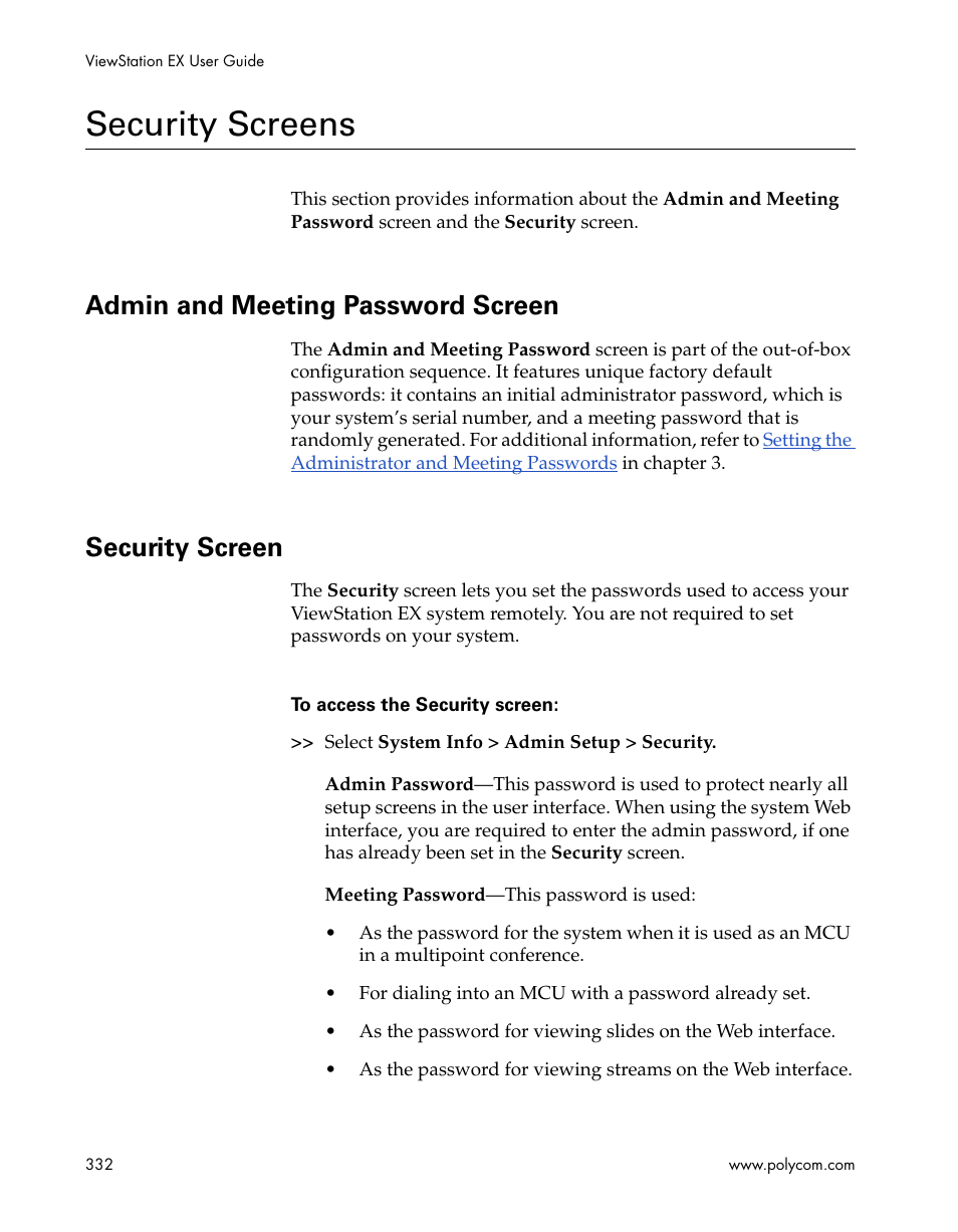 Security screens, Admin and meeting password screen, Security screen | Admin and meeting password screen security screen | Polycom Webcam User Manual | Page 334 / 356