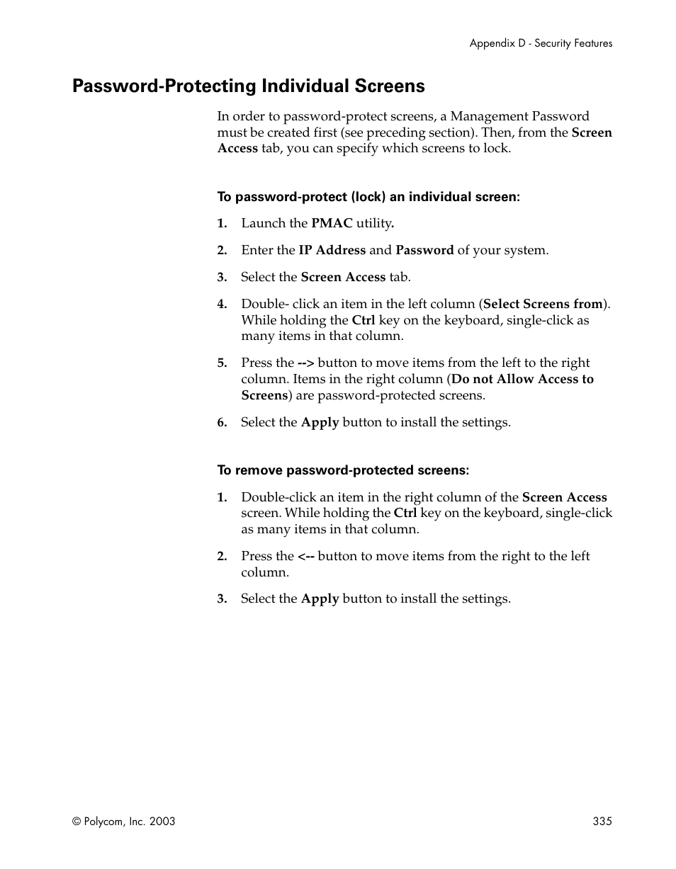 Password-protecting individual screens | Polycom Webcam User Manual | Page 337 / 356