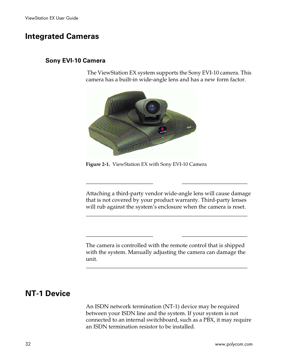 Integrated cameras, Sony evi-10 camera, Nt-1 device | Figure 2-1.viewstation ex with sony evi-10 camera | Polycom Webcam User Manual | Page 34 / 356