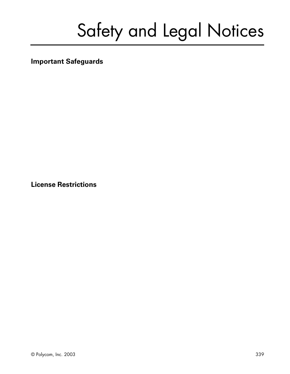 Safety and legal notices, Important safeguards, License restrictions | Polycom Webcam User Manual | Page 341 / 356