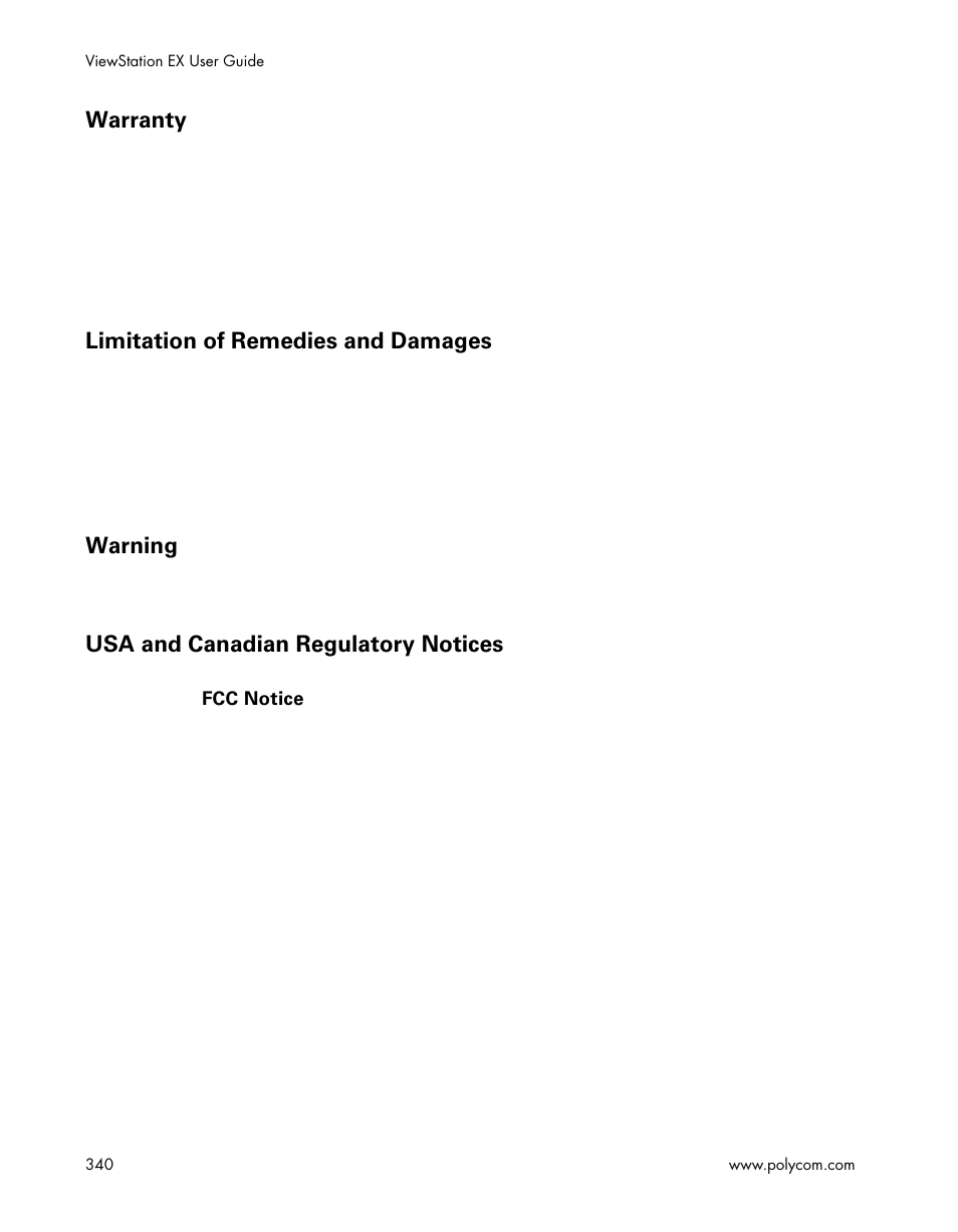Warranty, Limitation of remedies and damages, Warning | Usa and canadian regulatory notices | Polycom Webcam User Manual | Page 342 / 356