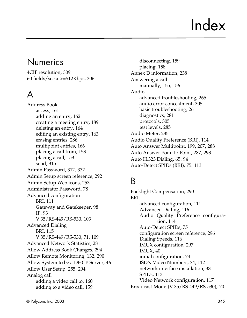Index, Numerics | Polycom Webcam User Manual | Page 347 / 356