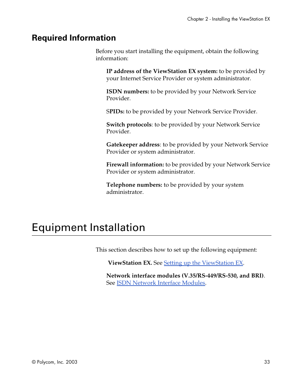 Required information, Equipment installation | Polycom Webcam User Manual | Page 35 / 356