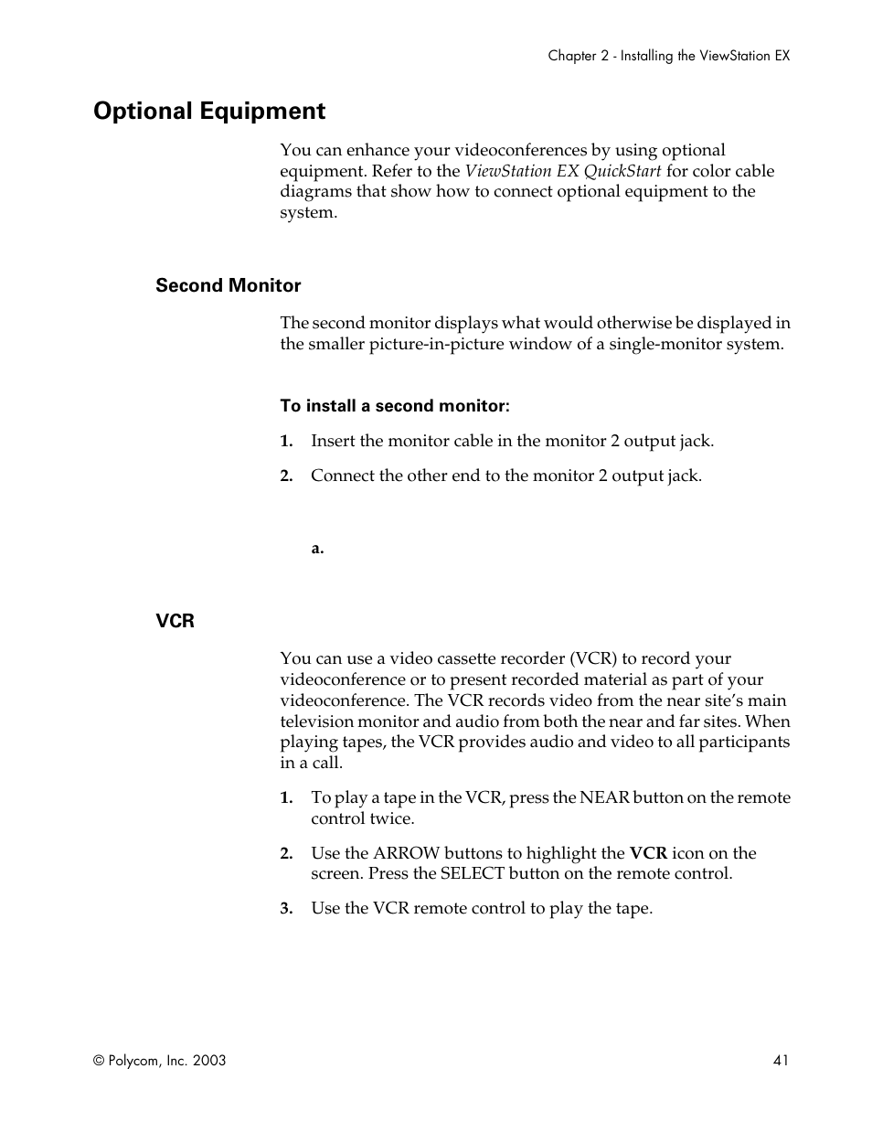 Optional equipment, Second monitor, Second monitor vcr | Polycom Webcam User Manual | Page 43 / 356