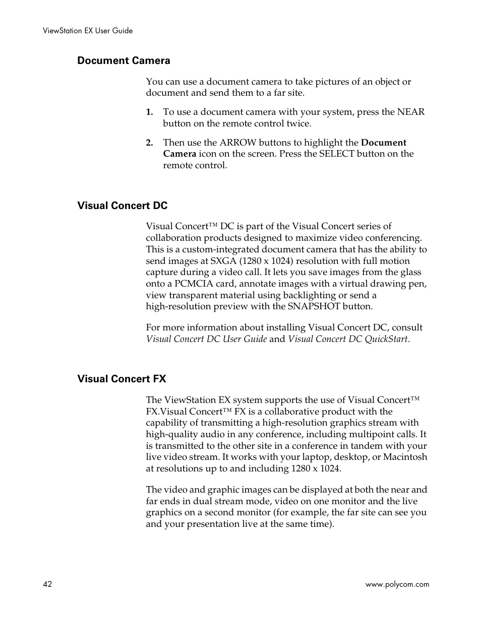Document camera, Visual concert dc, Visual concert fx | Polycom Webcam User Manual | Page 44 / 356