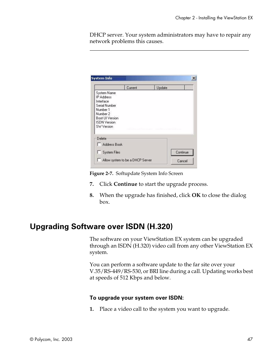 Upgrading software over isdn (h.320), Figure 2-7.softupdate system info screen | Polycom Webcam User Manual | Page 49 / 356