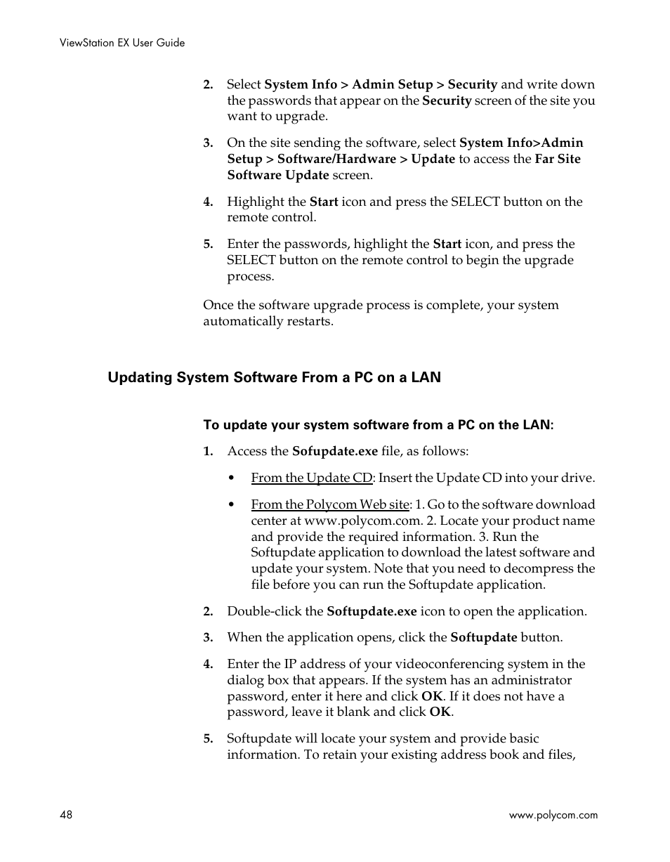 Updating system software from a pc on a lan | Polycom Webcam User Manual | Page 50 / 356