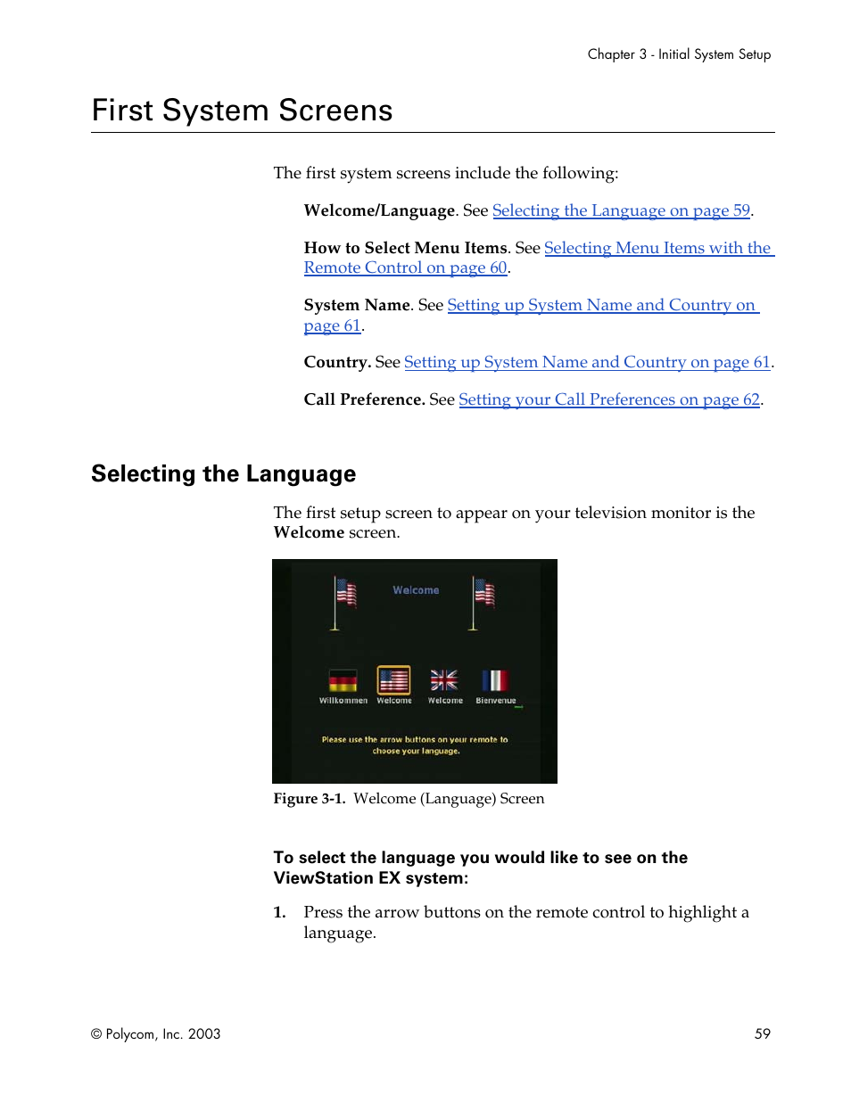 First system screens, Selecting the language, Figure 3-1.welcome (language) screen | Polycom Webcam User Manual | Page 61 / 356