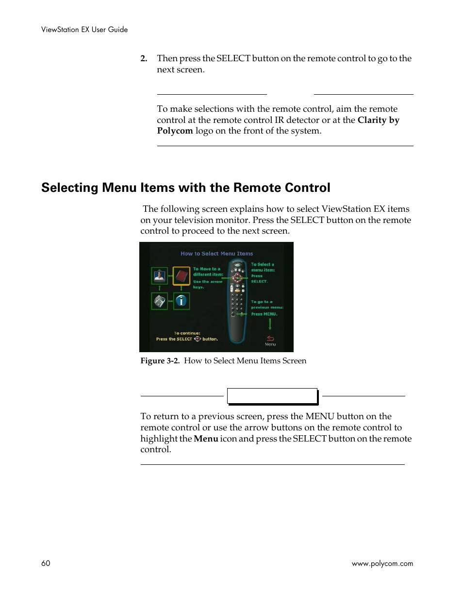 Selecting menu items with the remote control, Figure 3-2.how to select menu items screen, Selecting menu items with the | Polycom Webcam User Manual | Page 62 / 356