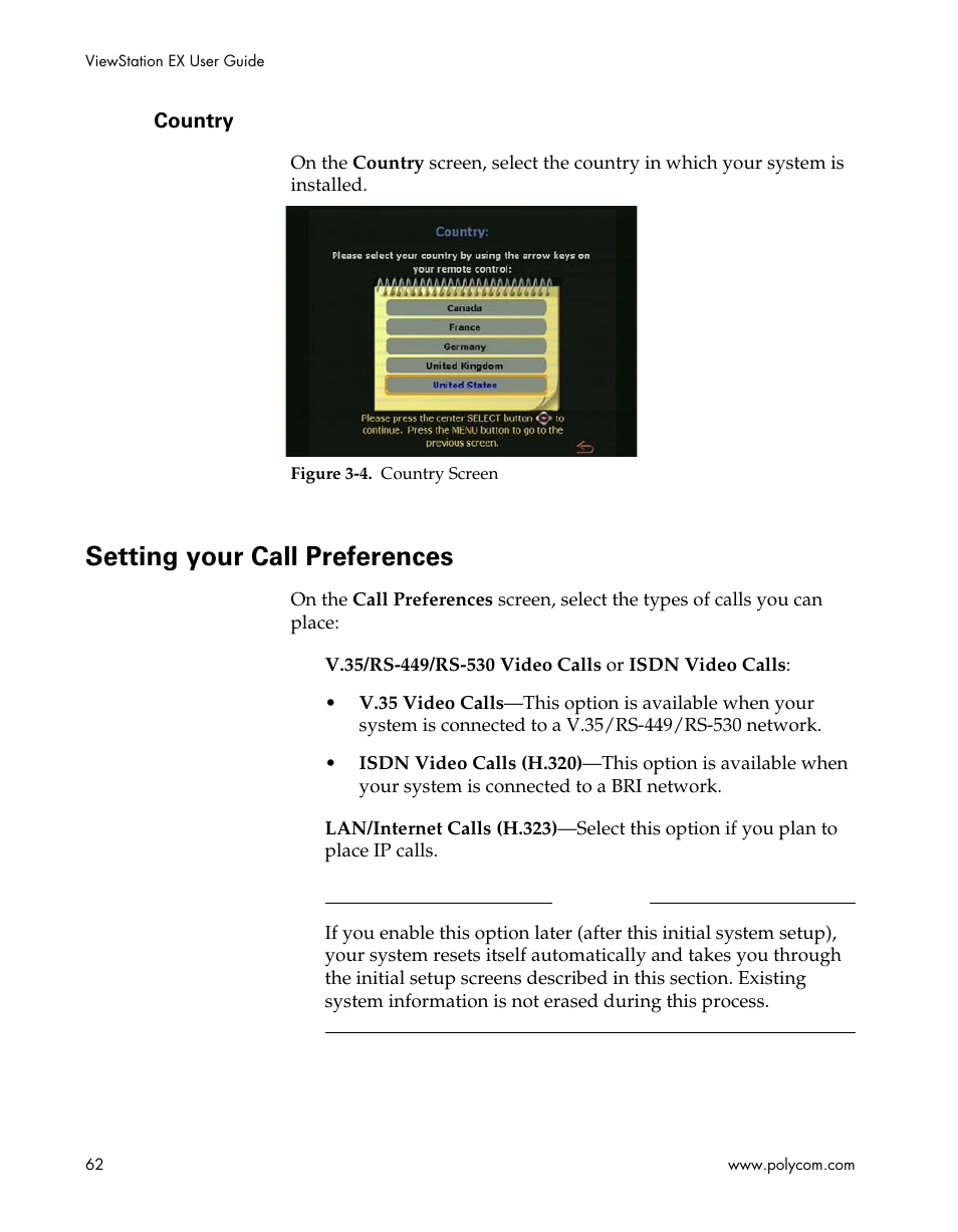 Country, Setting your call preferences, Figure 3-4.country screen | Polycom Webcam User Manual | Page 64 / 356