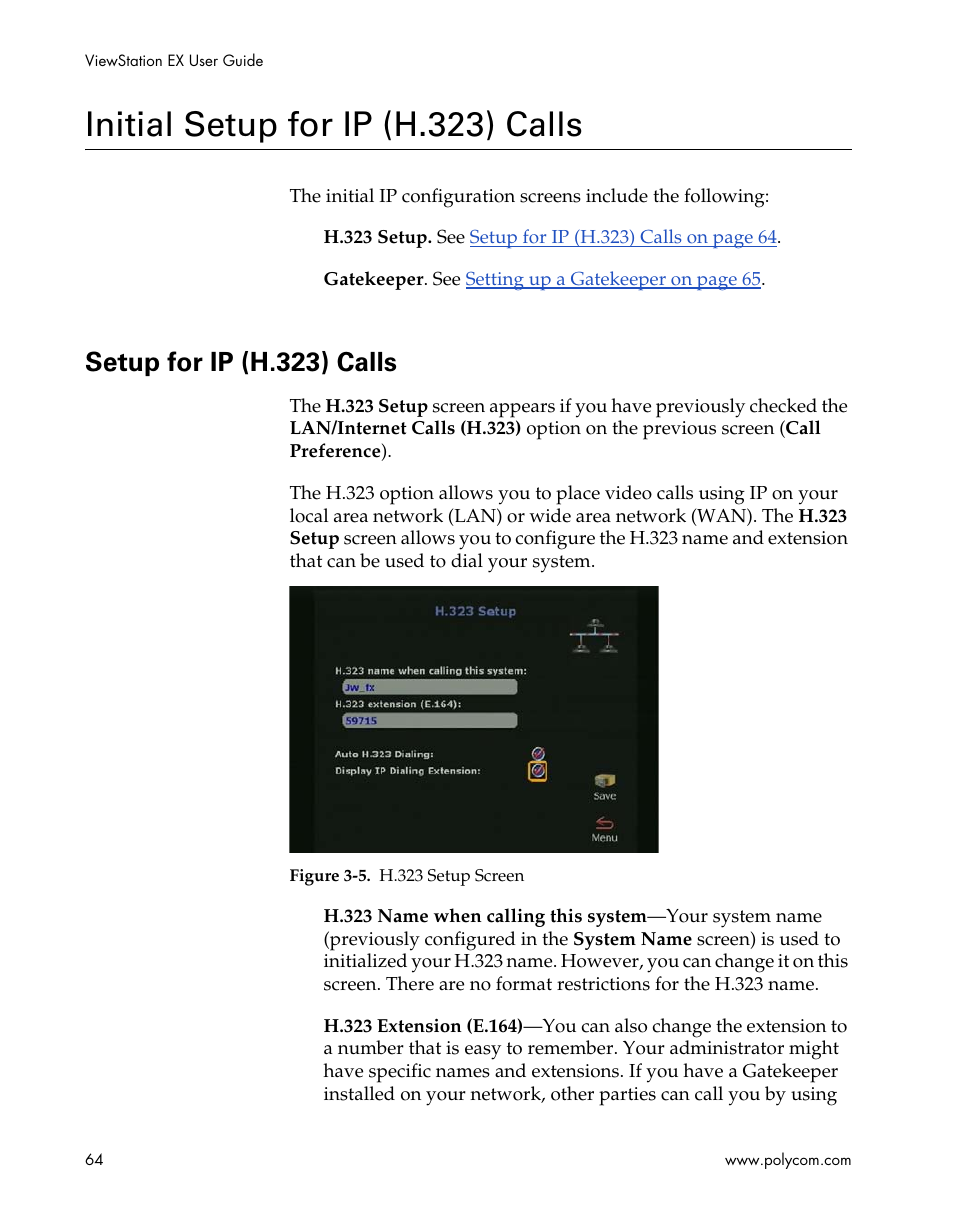 Initial setup for ip (h.323) calls, Setup for ip (h.323) calls, Figure 3-5.h.323 setup screen | Polycom Webcam User Manual | Page 66 / 356