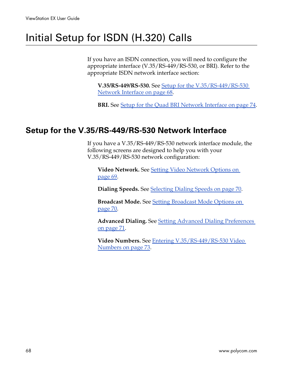 Initial setup for isdn (h.320) calls, Setup for the v.35/rs-449/rs-530 network interface | Polycom Webcam User Manual | Page 70 / 356
