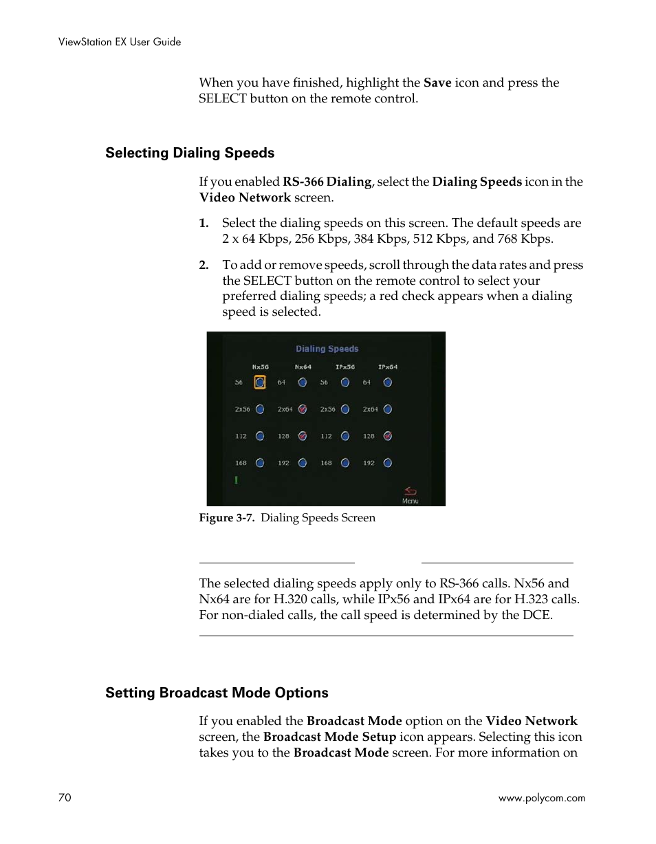 Selecting dialing speeds, Setting broadcast mode options, Figure 3-7.dialing speeds screen | Setting broadcast mode options on | Polycom Webcam User Manual | Page 72 / 356