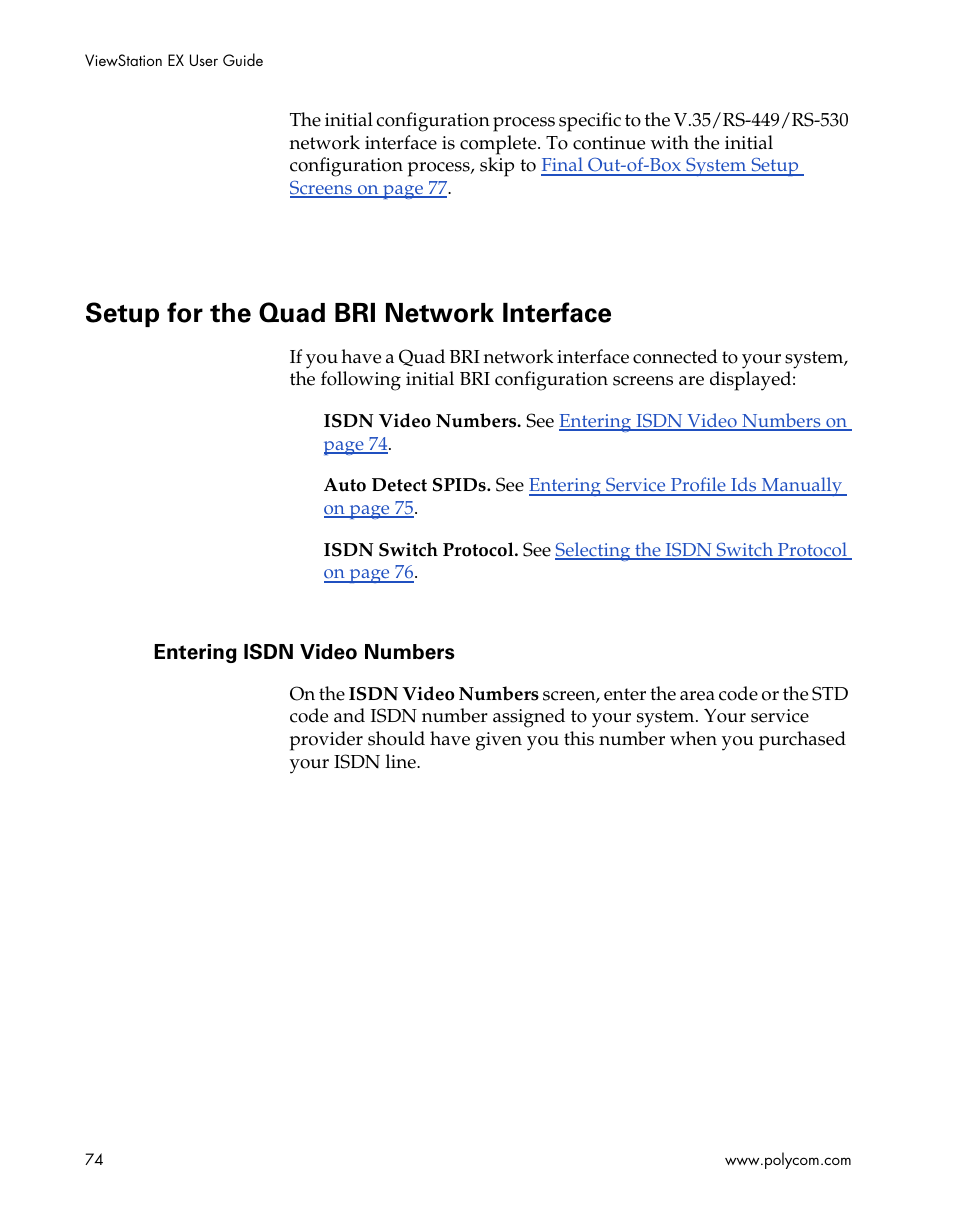 Setup for the quad bri network interface, Entering isdn video numbers | Polycom Webcam User Manual | Page 76 / 356
