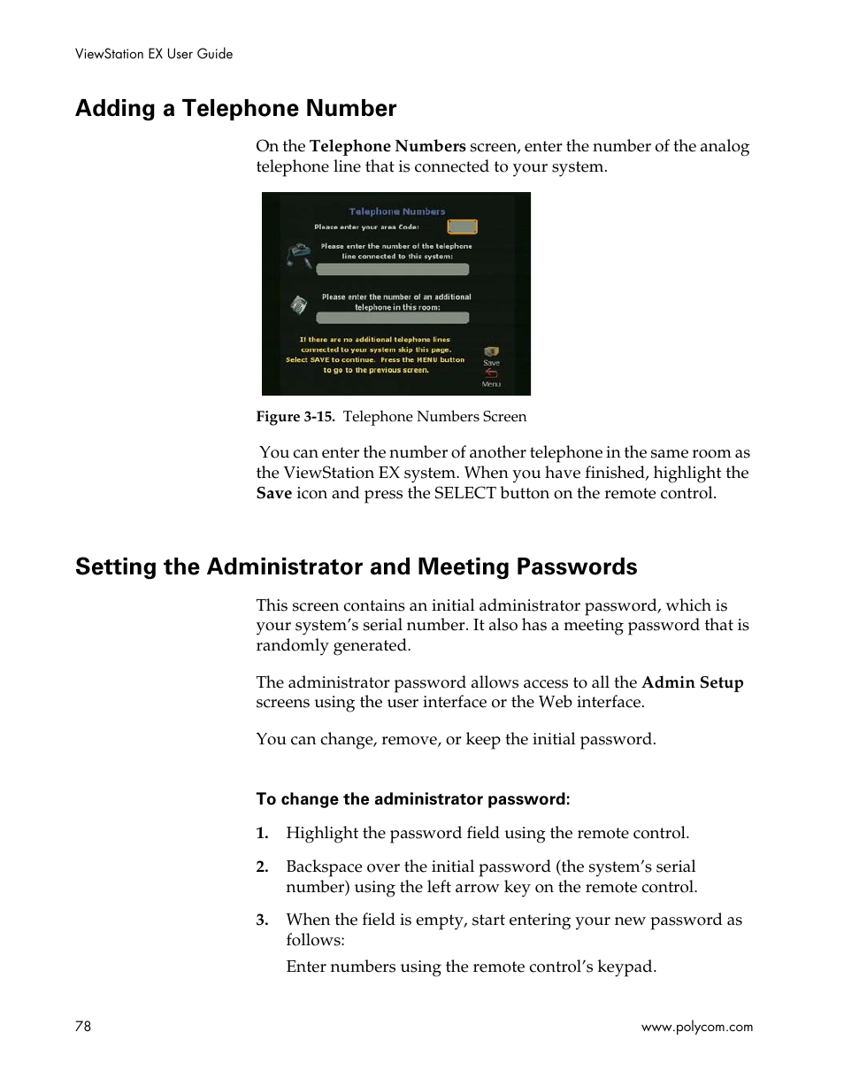 Adding a telephone number, Setting the administrator and meeting passwords, Figure 3-15.telephone numbers screen | Adding a telephone number on, Setting the administrator and | Polycom Webcam User Manual | Page 80 / 356