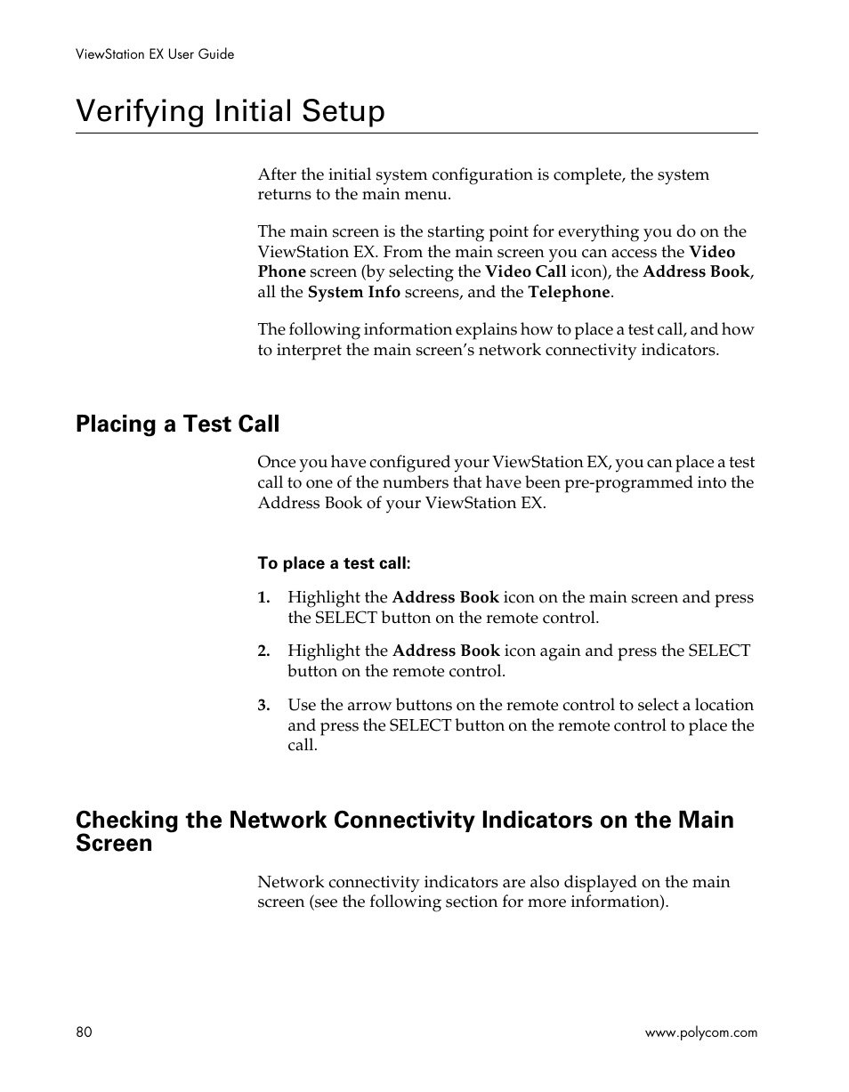 Verifying initial setup, Placing a test call | Polycom Webcam User Manual | Page 82 / 356