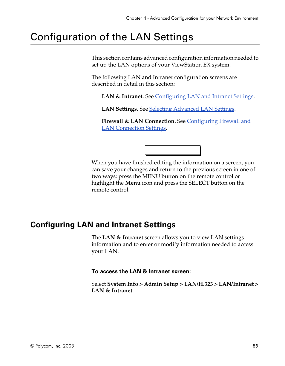Configuration of the lan settings, Configuring lan and intranet settings | Polycom Webcam User Manual | Page 87 / 356