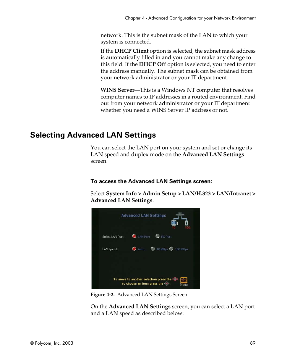 Selecting advanced lan settings, Figure 4-2.advanced lan settings screen | Polycom Webcam User Manual | Page 91 / 356