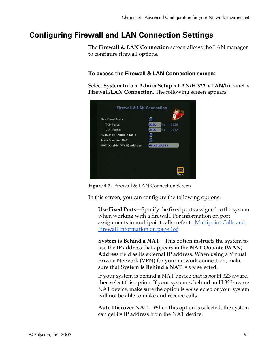 Configuring firewall and lan connection settings, Figure 4-3.firewall & lan connection screen, Configuring firewall and | Lan connection settings | Polycom Webcam User Manual | Page 93 / 356