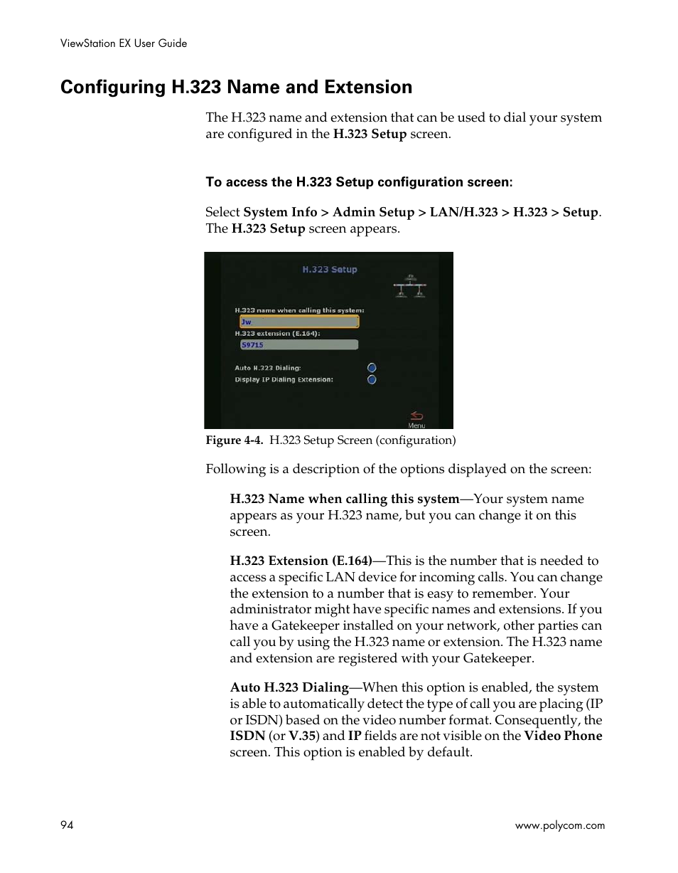 Configuring h.323 name and extension, Figure 4-4.h.323 setup screen (configuration) | Polycom Webcam User Manual | Page 96 / 356