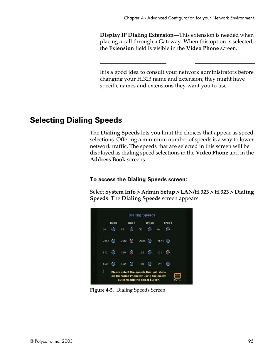 Selecting dialing speeds, Figure 4-5.dialing speeds screen | Polycom Webcam User Manual | Page 97 / 356