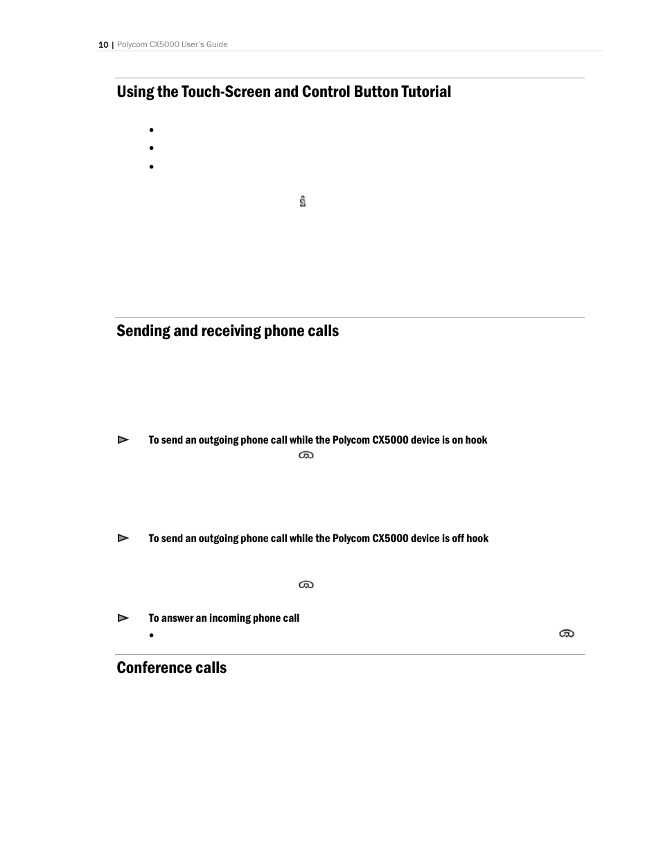 Using the touch-screen and control button tutorial, Sending and receiving phone calls, Conference calls | Polycom CX5000 User Manual | Page 10 / 25