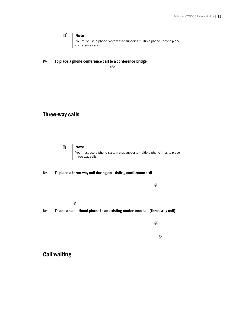 Three-way calls, Call waiting | Polycom CX5000 User Manual | Page 11 / 25