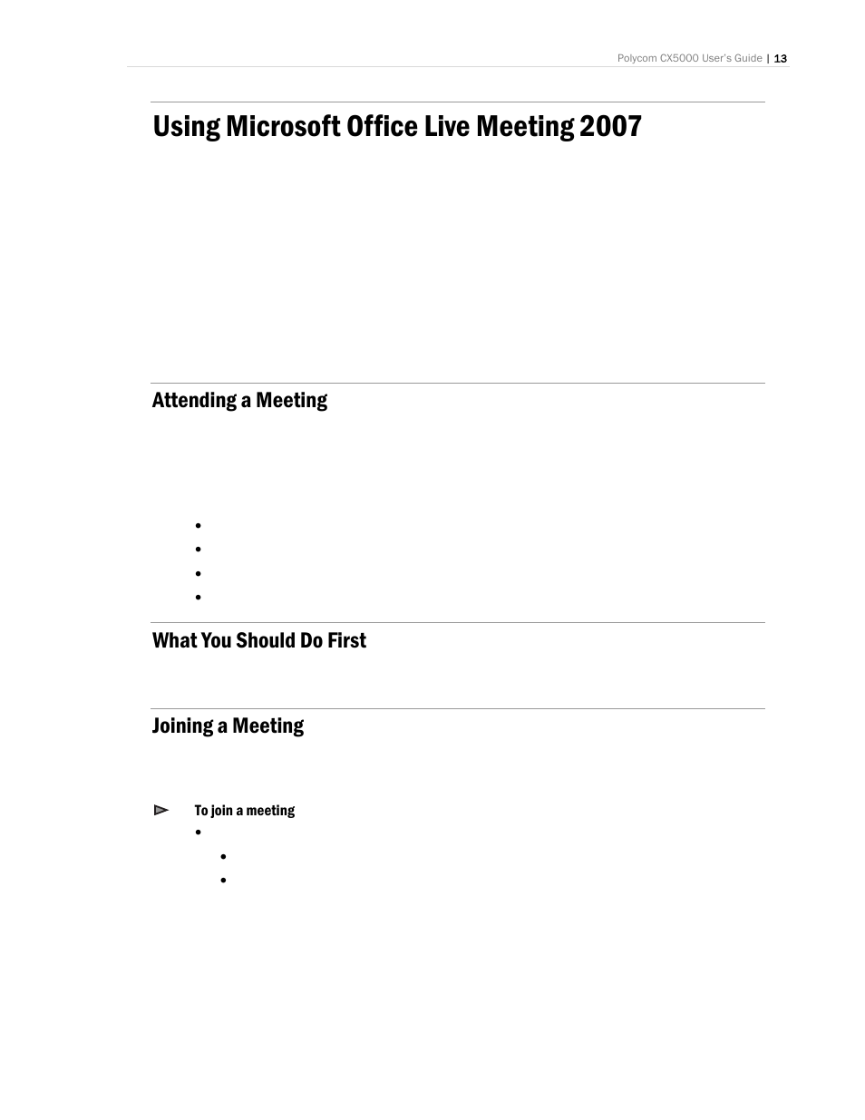 Using microsoft office live meeting 2007, Attending a meeting, What you should do first | Joining a meeting | Polycom CX5000 User Manual | Page 13 / 25