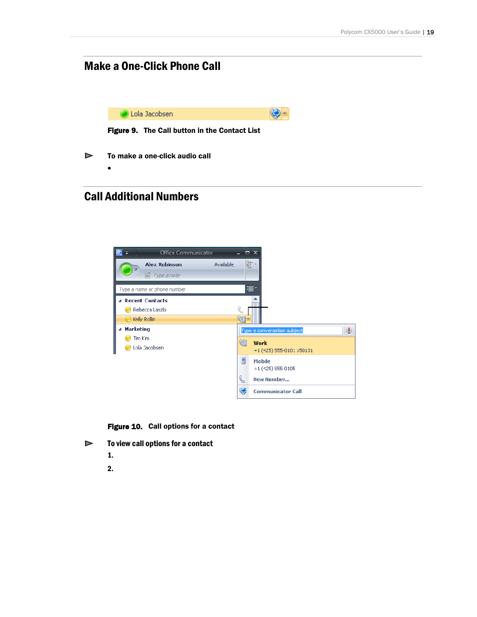 Make a one-click phone call, Call additional numbers | Polycom CX5000 User Manual | Page 19 / 25