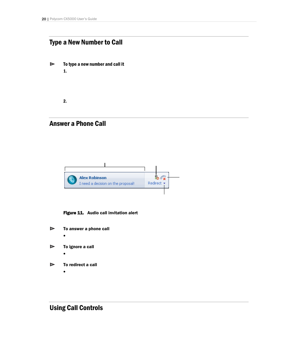 Type a new number to call, Answer a phone call, Using call controls | Polycom CX5000 User Manual | Page 20 / 25