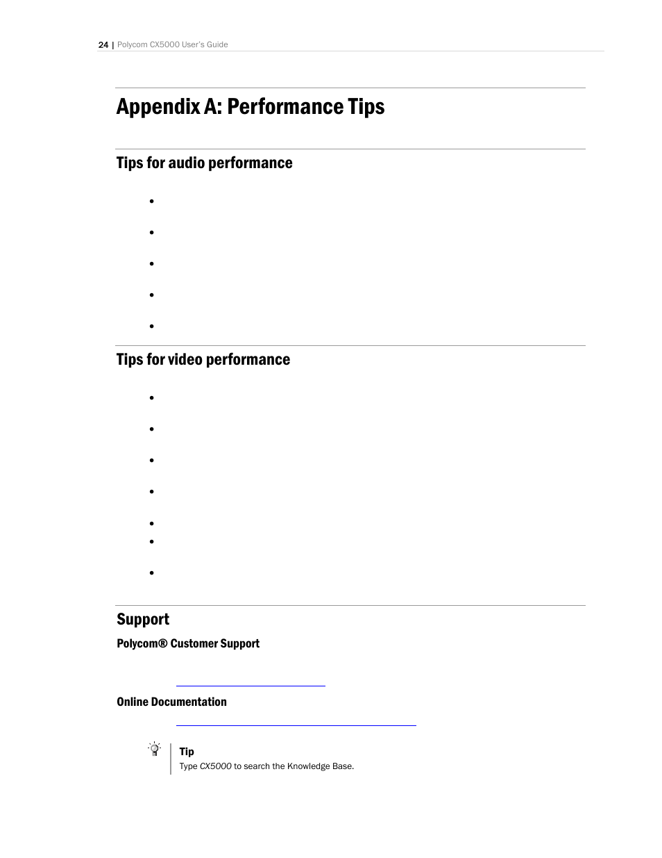 Appendix a: performance tips, Tips for audio performance, Tips for video performance | Support | Polycom CX5000 User Manual | Page 24 / 25