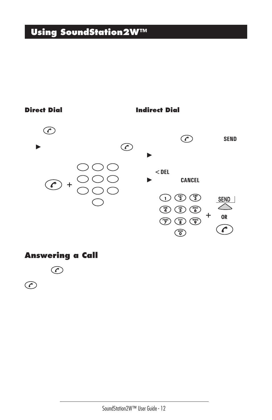 Using soundstation2w, Placing a call, Answering a call | Polycom 2W User Manual | Page 12 / 42