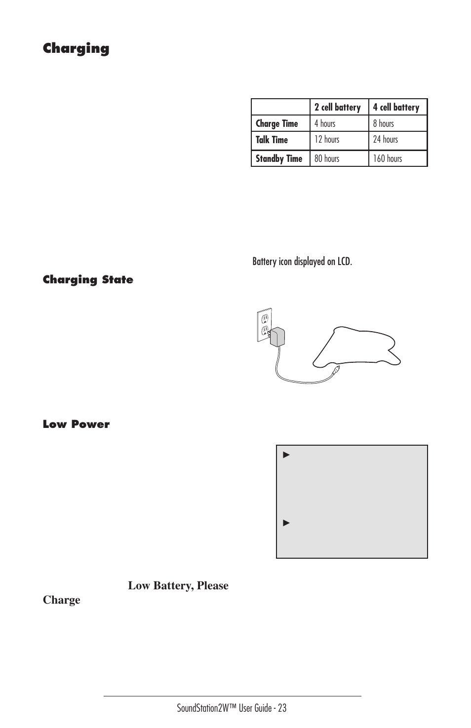 Charging, Typical talk time and standby time are shown here | Polycom 2W User Manual | Page 23 / 42