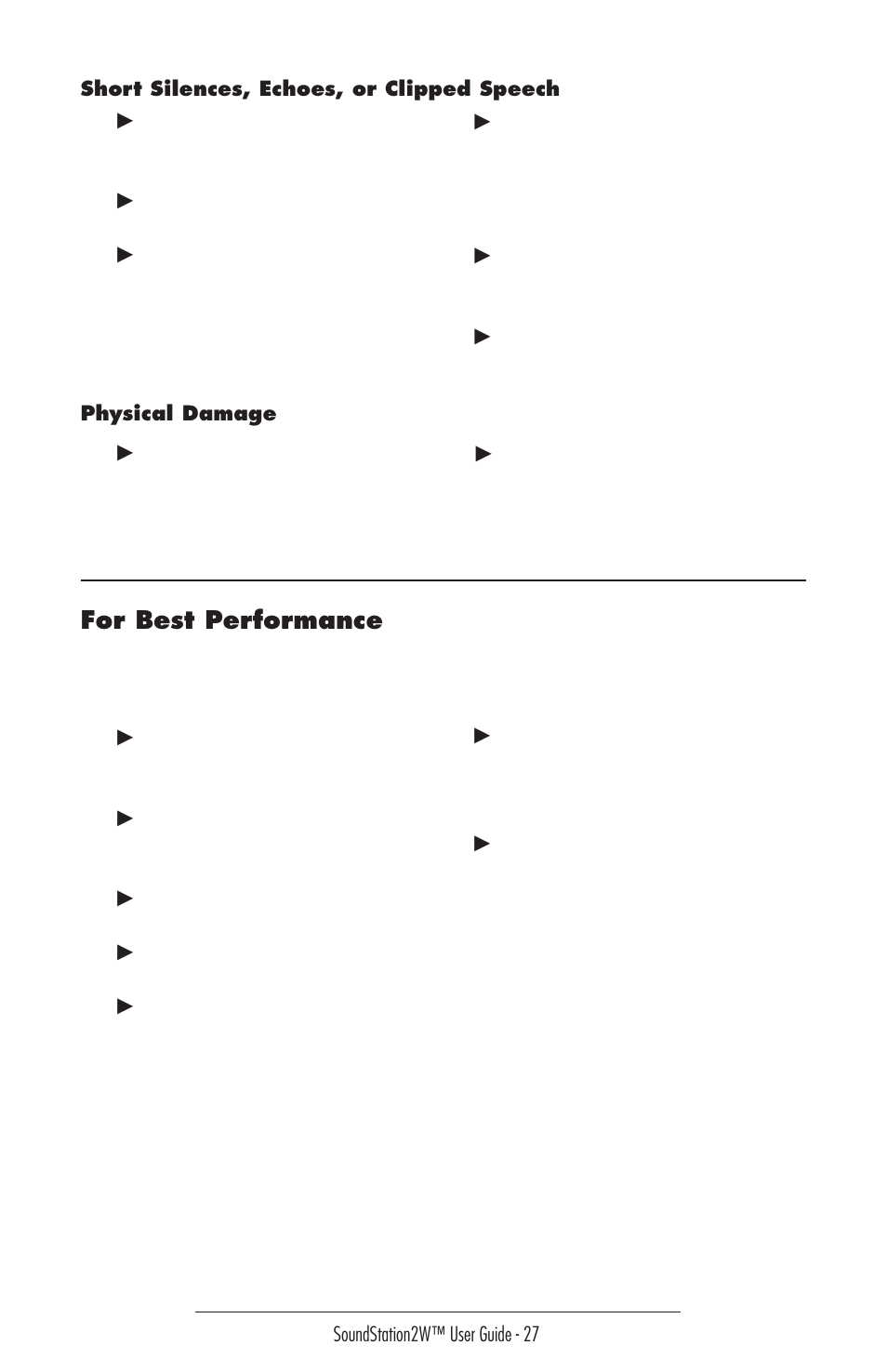 Short silences, echoes, or clipped speech, Physical damage, For best performance | Polycom 2W User Manual | Page 27 / 42