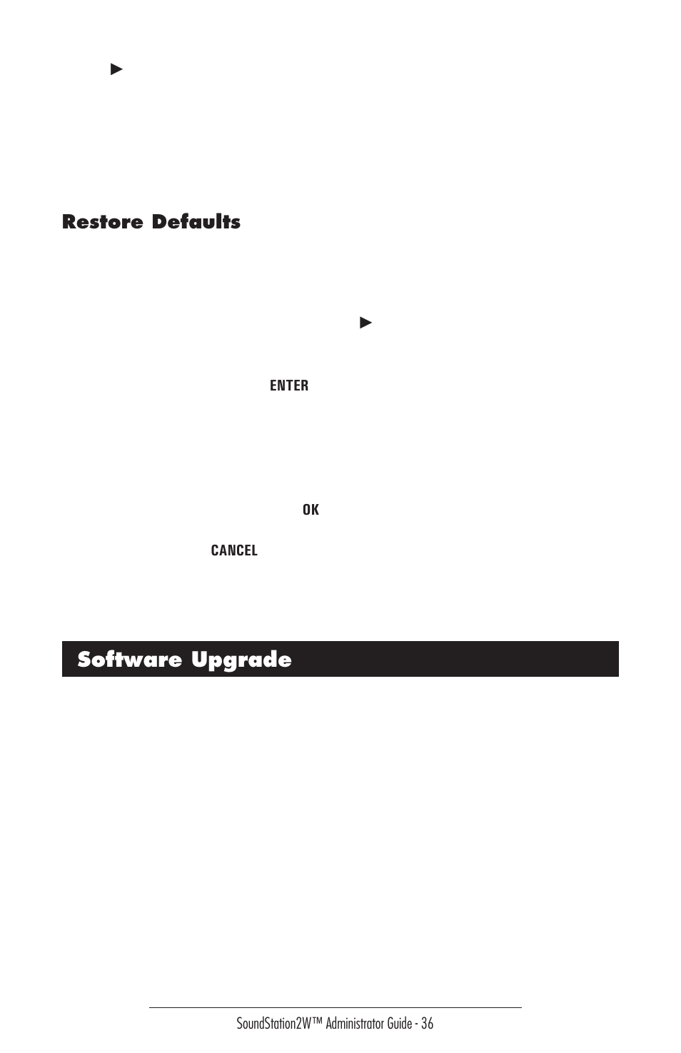 Restore defaults, Software upgrade | Polycom 2W User Manual | Page 36 / 42