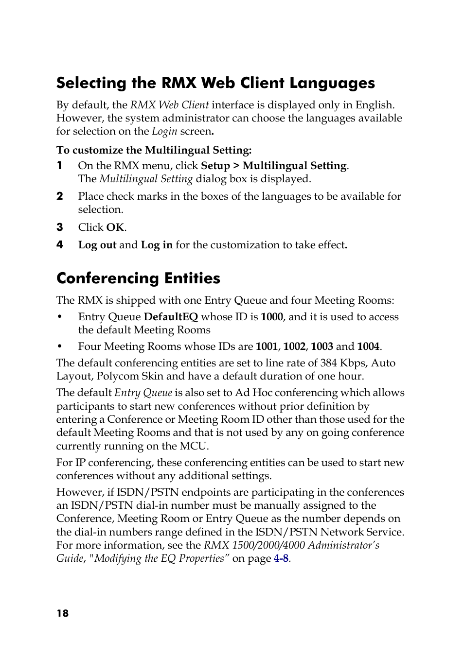 Selecting the rmx web client languages, To customize the multilingual setting, Conferencing entities | Polycom RMX 2000 User Manual | Page 18 / 20