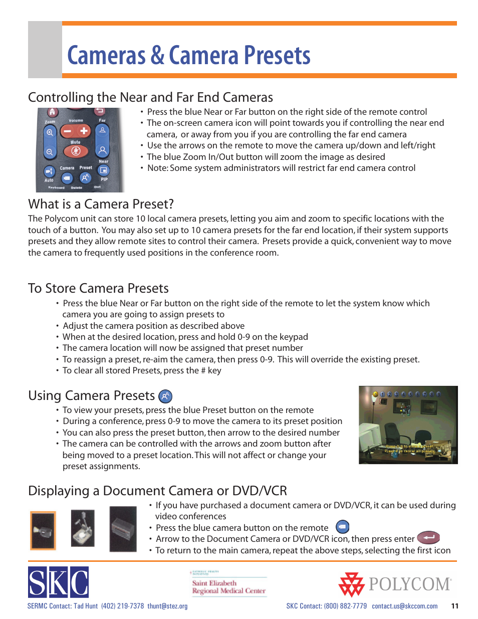 Cameras & camera presets, Controlling the near and far end cameras, What is a camera preset | Using camera presets, Displaying a document camera or dvd/vcr | Polycom vsx 7000 Series User Manual | Page 11 / 18