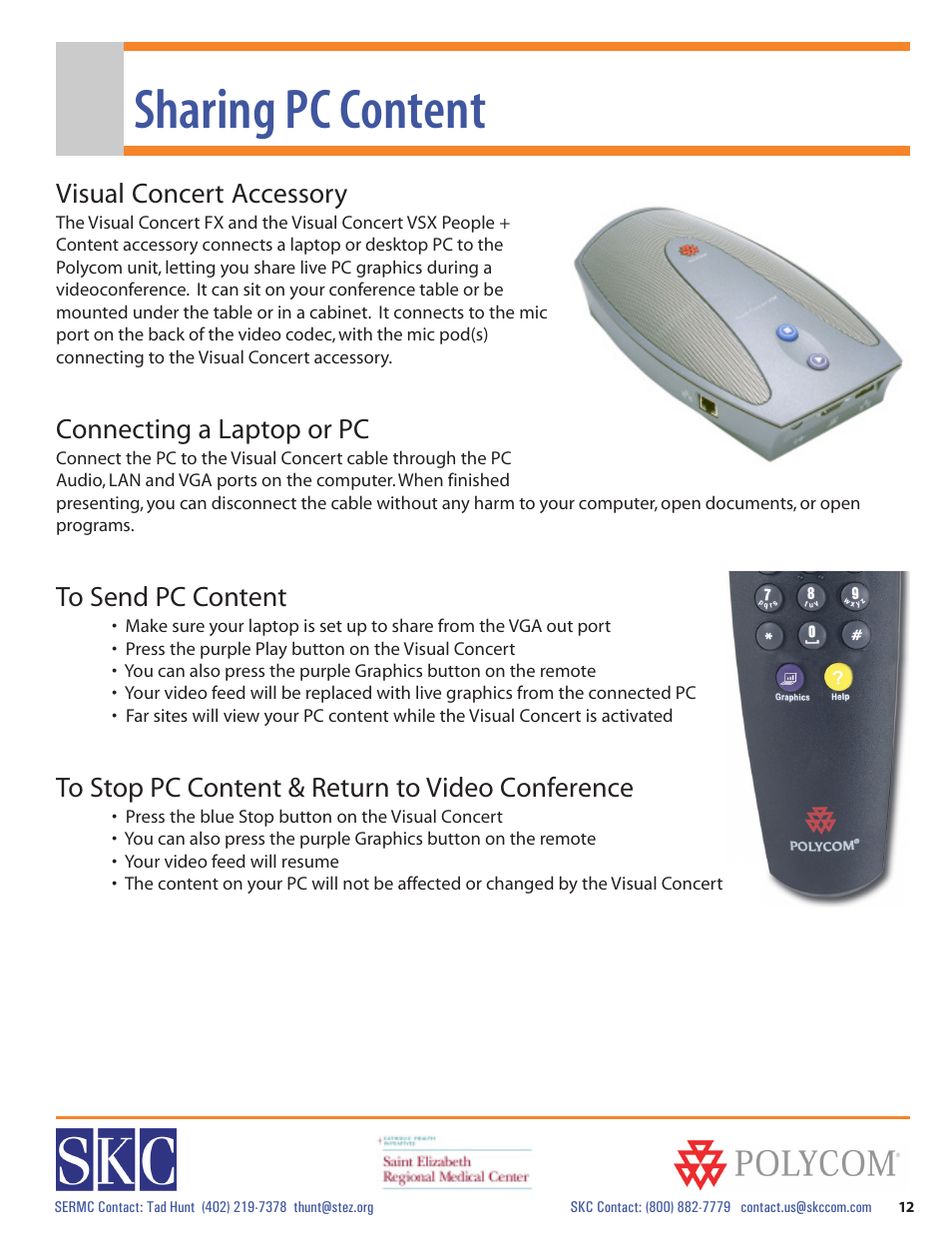 Sharing pc content, Visual concert accessory, Connecting a laptop or pc | Polycom vsx 7000 Series User Manual | Page 12 / 18