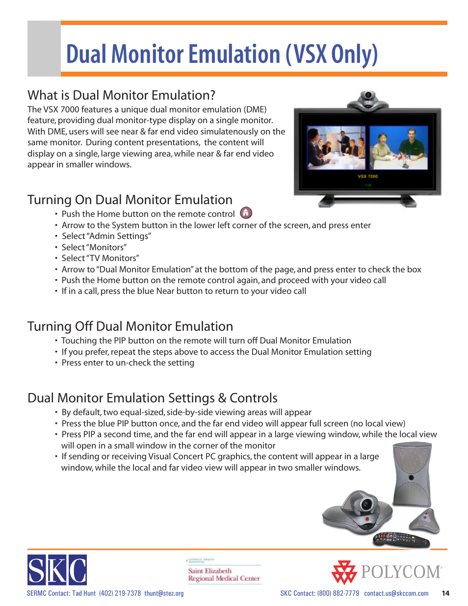 Dual monitor emulation (vsx only), What is dual monitor emulation, Turning on dual monitor emulation | Turning off dual monitor emulation, Dual monitor emulation settings & controls | Polycom vsx 7000 Series User Manual | Page 14 / 18