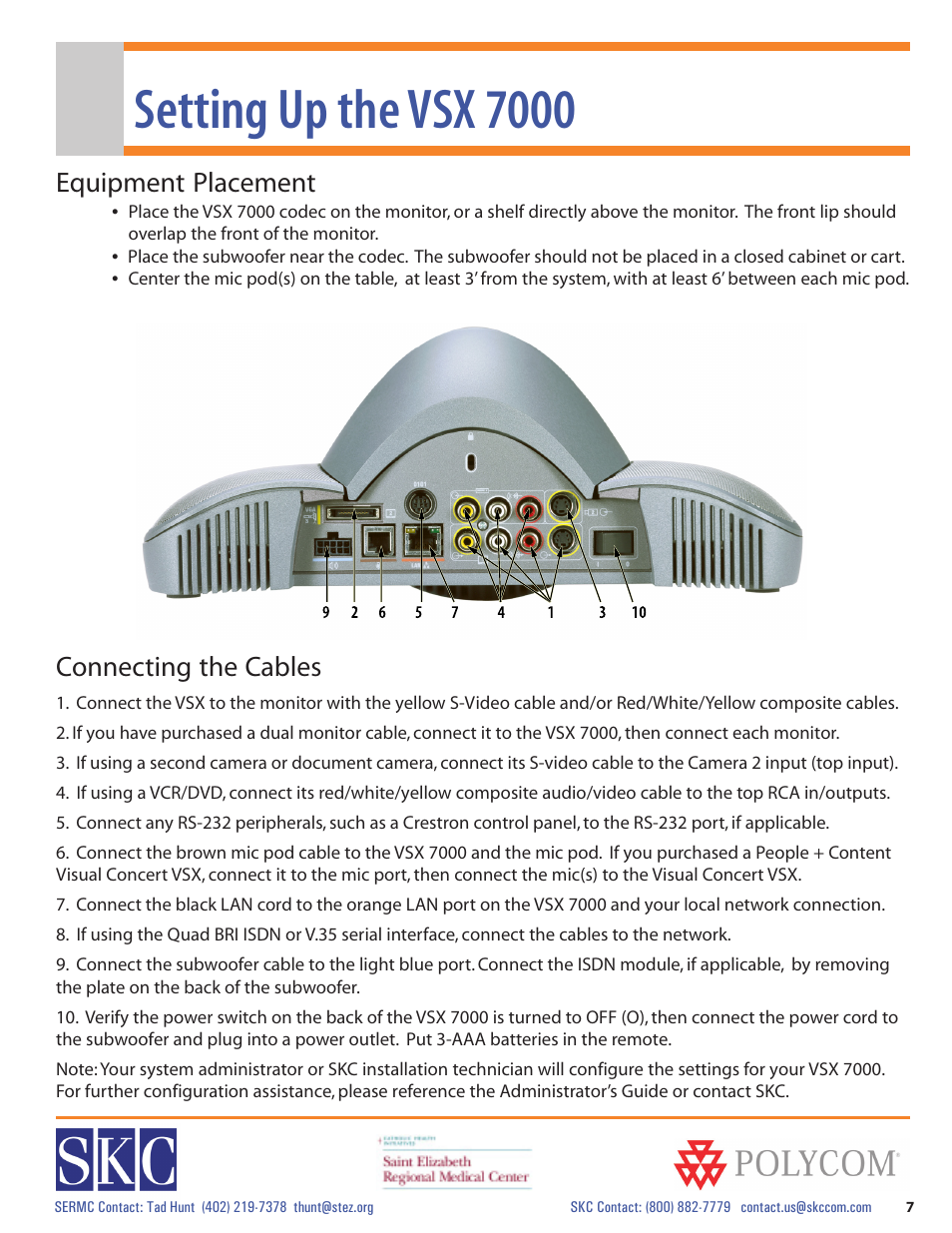 Setting up the vsx 7000, Equipment placement, Connecting the cables | Polycom vsx 7000 Series User Manual | Page 7 / 18