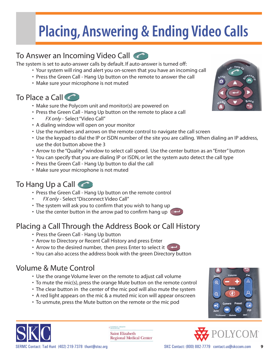 Placing, answering & ending video calls, Volume & mute control | Polycom vsx 7000 Series User Manual | Page 9 / 18