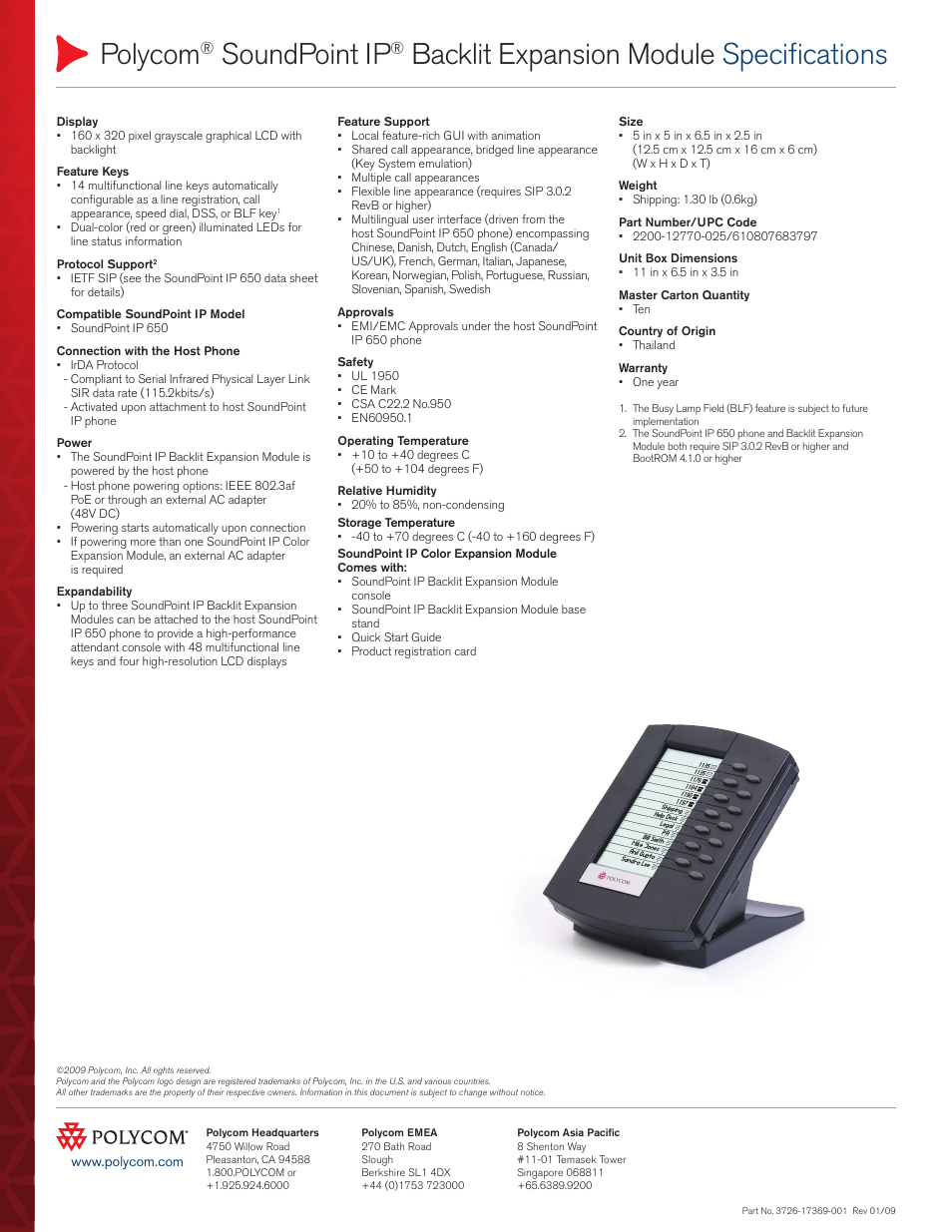 Polycom, Soundpoint ip, Backlit expansion module specifications | Polycom SoundPoint 3726-17369-001 User Manual | Page 2 / 2