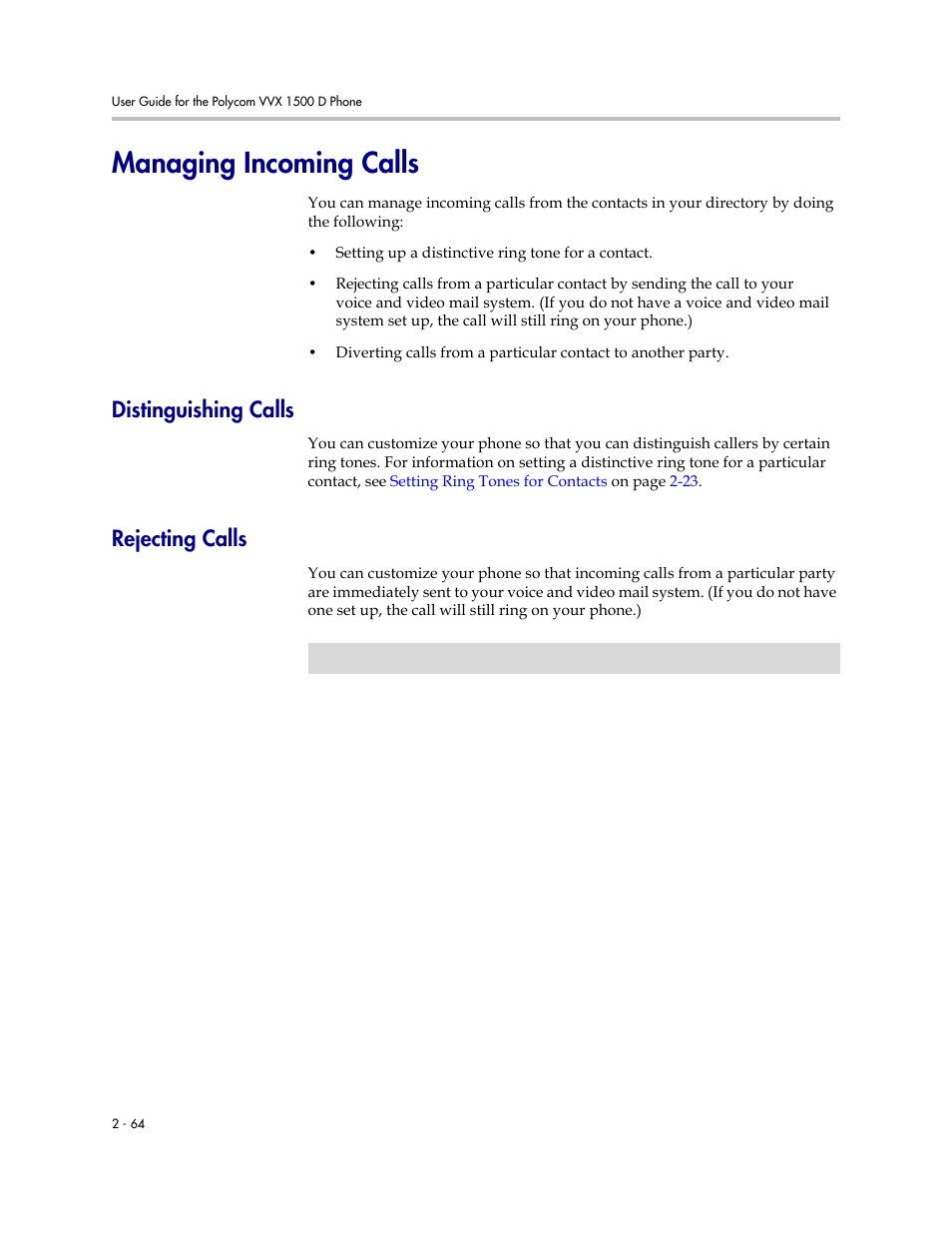 Managing incoming calls, Distinguishing calls, Rejecting calls | Managing incoming calls -64, Distinguishing calls -64 rejecting calls -64 | Polycom VVX 1500 D User Manual | Page 102 / 210