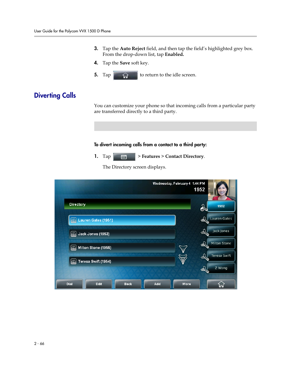 Diverting calls, Diverting calls -66 | Polycom VVX 1500 D User Manual | Page 104 / 210