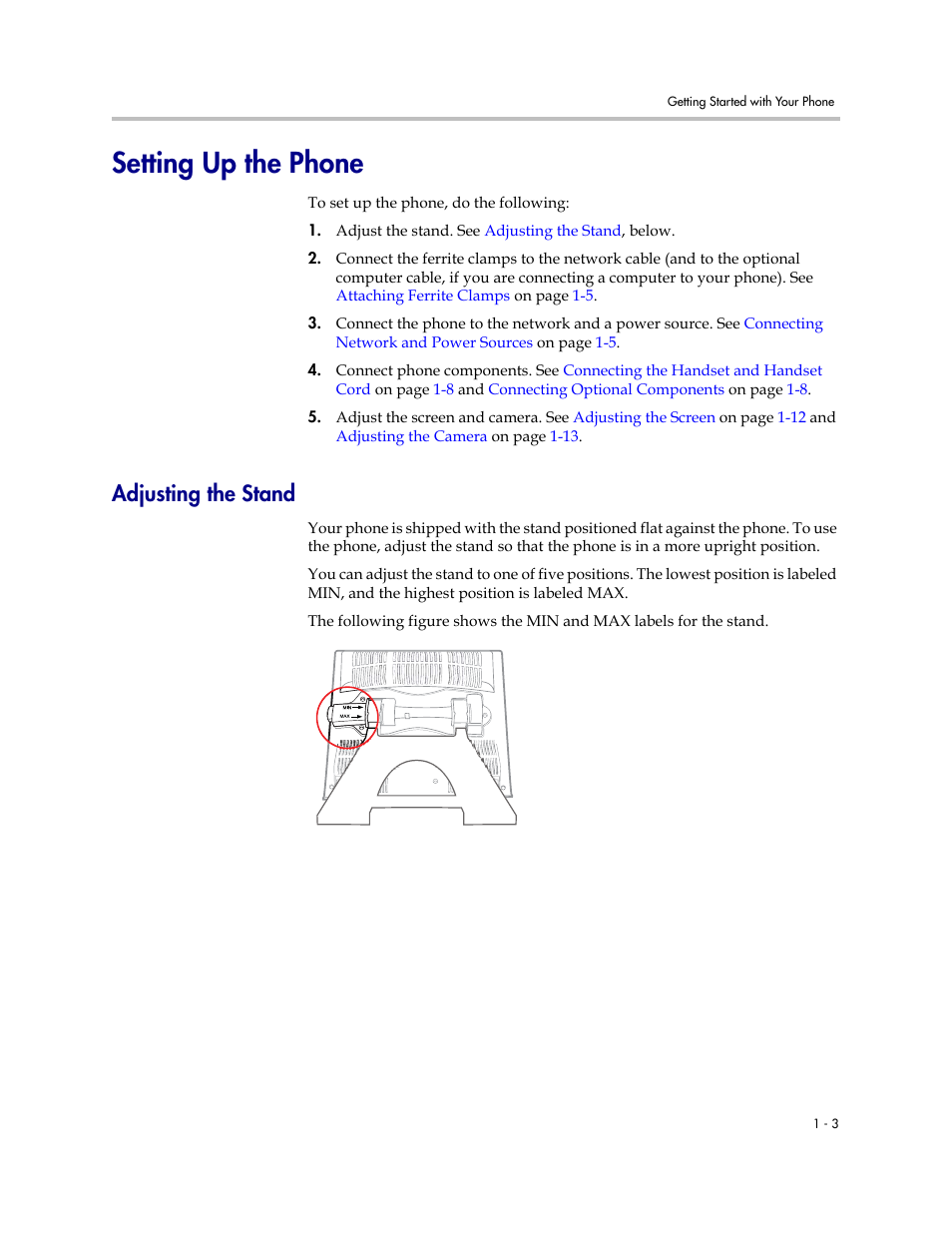 Setting up the phone, Adjusting the stand, Setting up the phone -3 | Adjusting the stand -3 | Polycom VVX 1500 D User Manual | Page 11 / 210