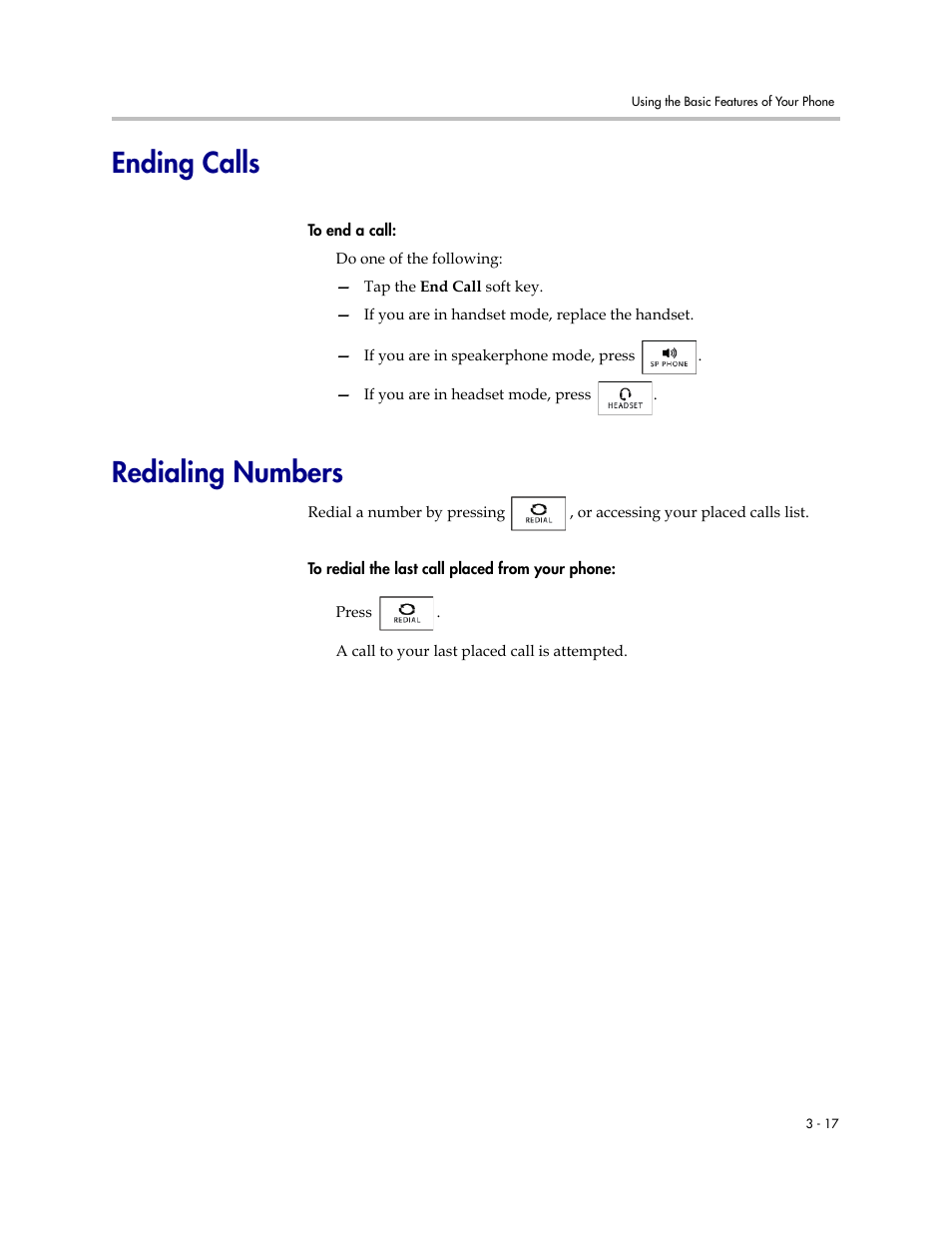 Ending calls, Redialing numbers, Ending calls -17 redialing numbers -17 | Polycom VVX 1500 D User Manual | Page 127 / 210